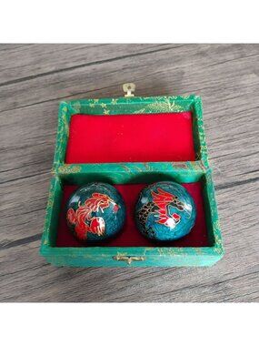Vintage Chinese Cloisonné Baoding Balls, Dragon & Phoenix Green Silk Brocade Box